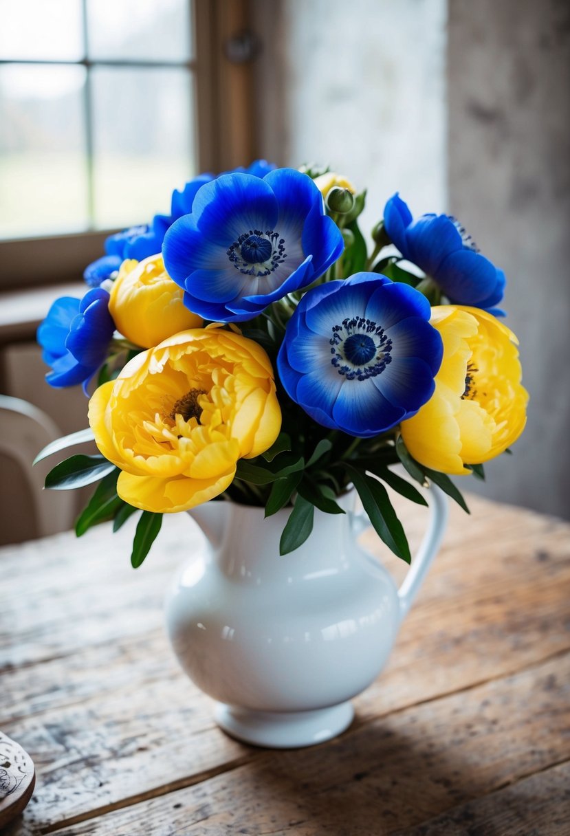 A royal blue anemone and yellow peony bouquet in a white vase on a rustic wooden table