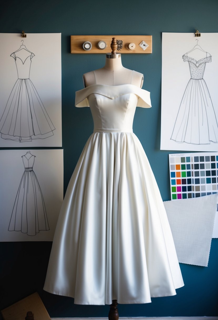 A simple off-shoulder gown hangs on a vintage mannequin, surrounded by 80s wedding dress sketches and fabric swatches