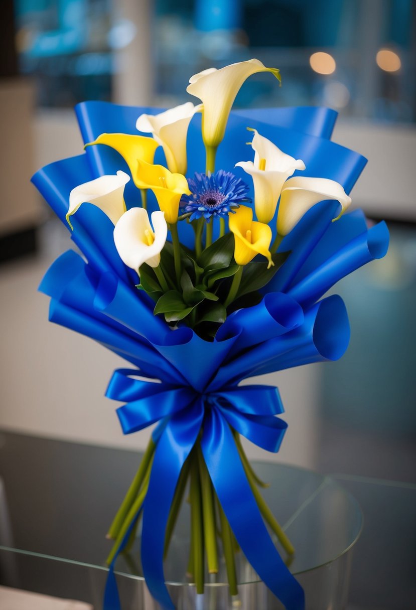 A bouquet of calla lilies wrapped in cobalt blue ribbon, accented with yellow and blue flowers