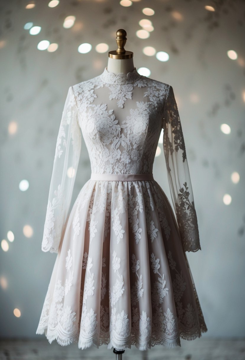 An elegant lace dress with a high neckline and long sleeves, featuring delicate floral patterns and a flowing A-line skirt