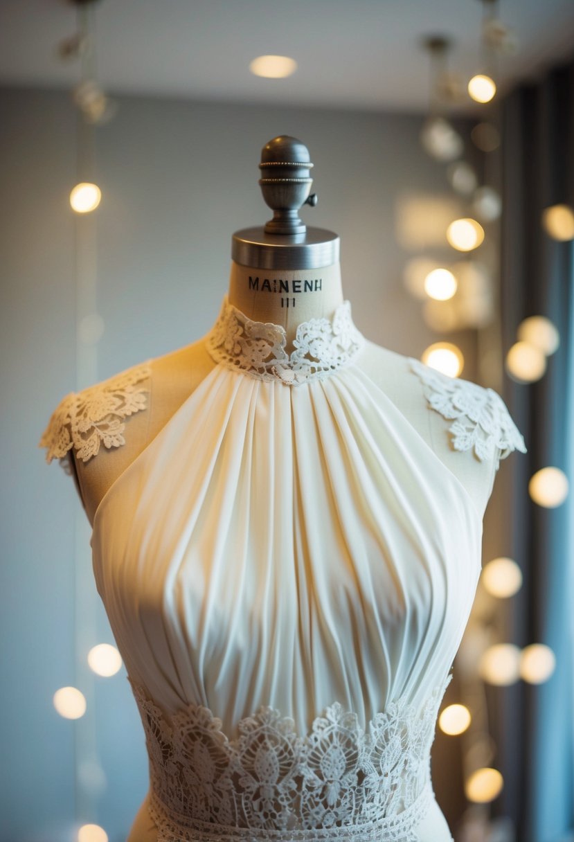 An elegant high-neck dress hangs on a vintage mannequin, surrounded by soft lighting and delicate lace details