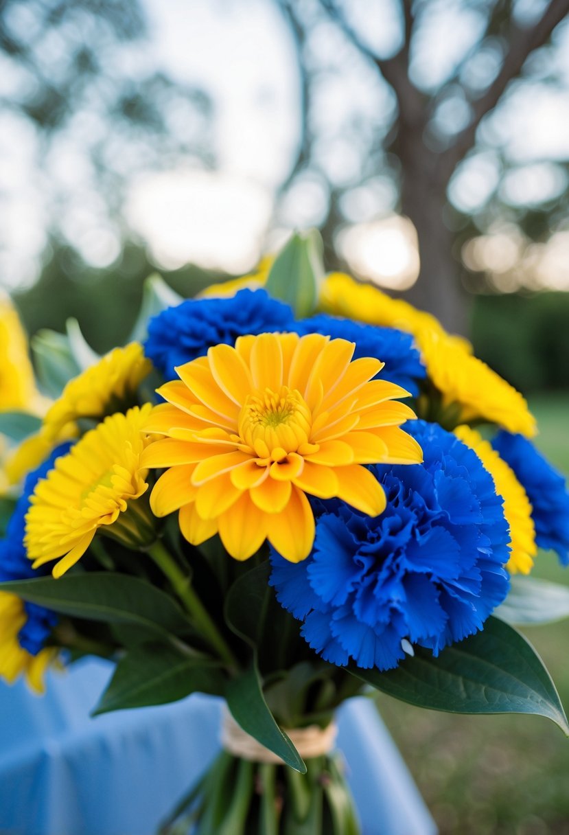 A vibrant yellow zinnia and a striking blue carnation arranged in a wedding bouquet