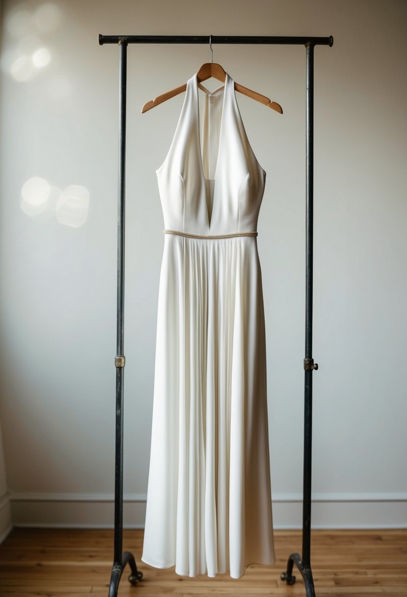 An elegant, minimalist halter gown from the 80s hangs on a vintage dress form, with simple, clean lines and a timeless appeal