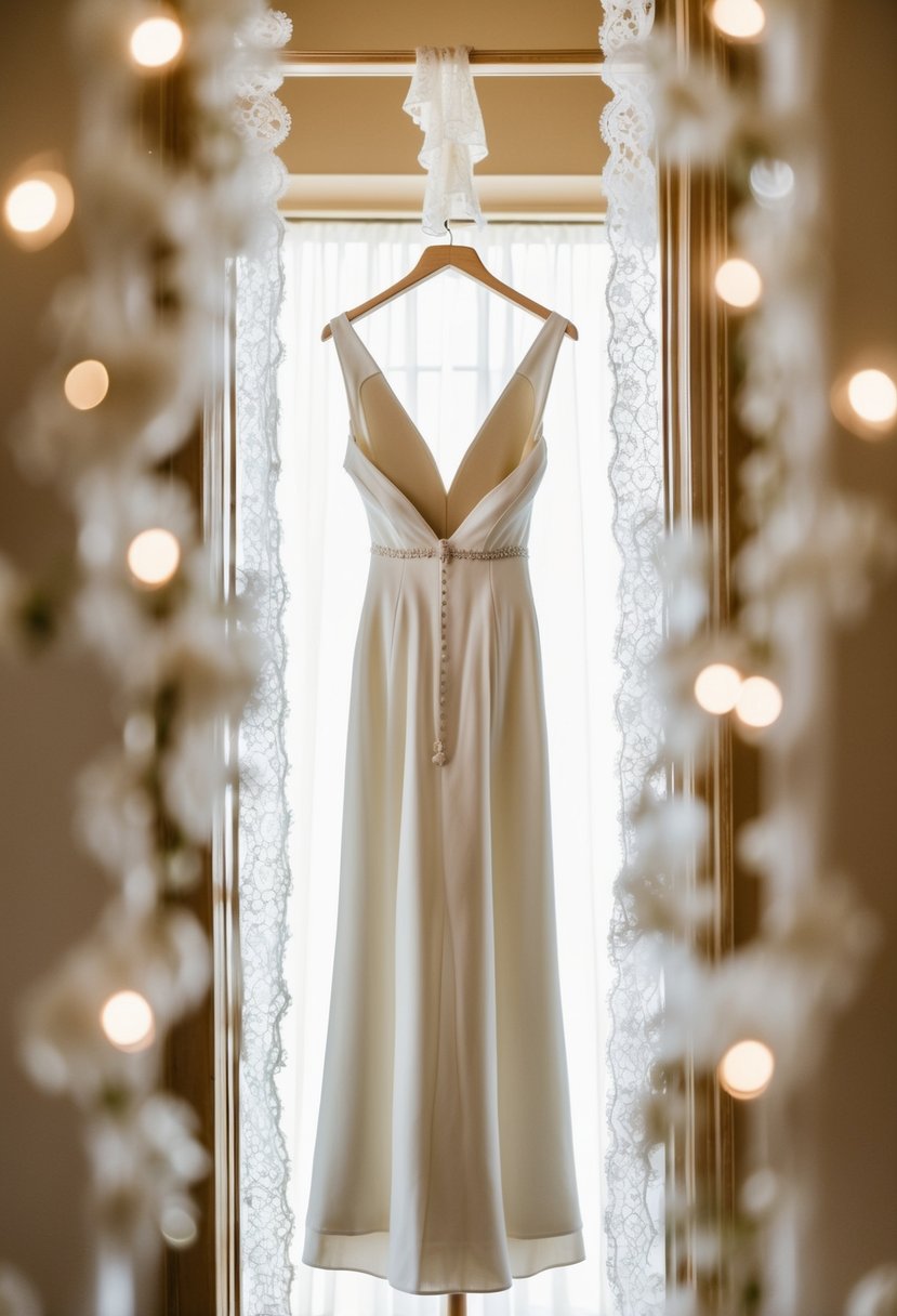 An elegant backless dress hangs on a vintage mannequin, surrounded by soft lighting and delicate lace accents