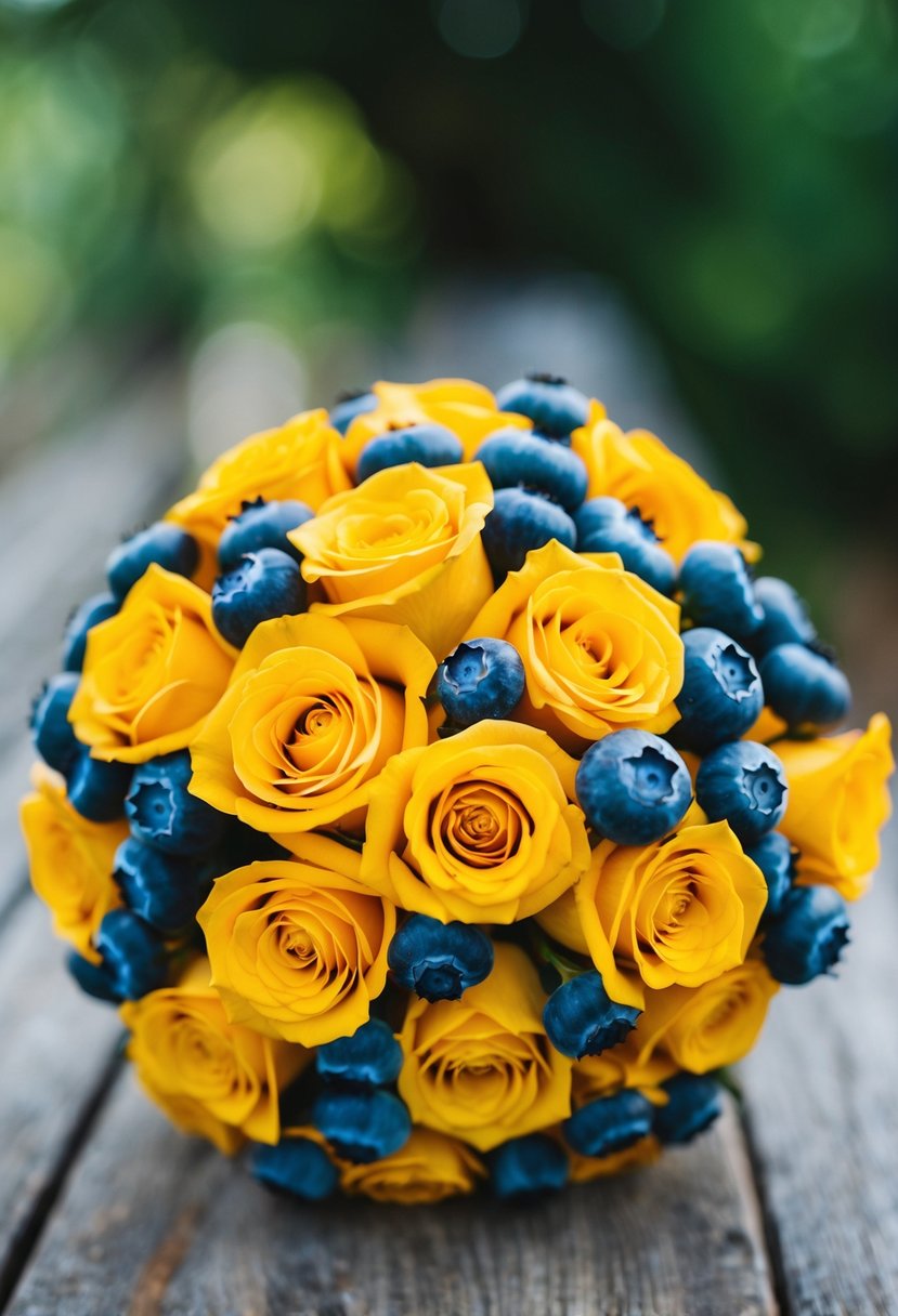 A cluster of blueberries and honey roses intertwined in a yellow and blue wedding bouquet