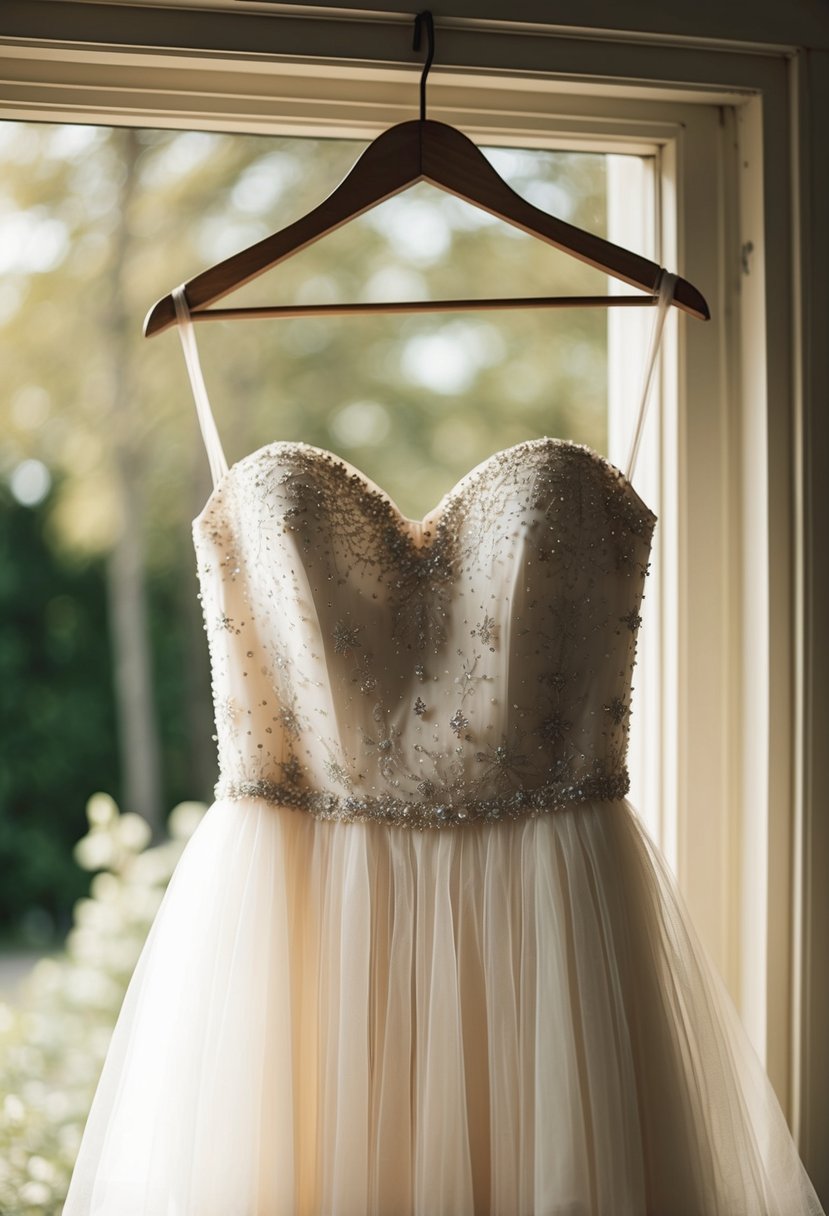 A beaded bodice with a tulle skirt wedding dress hangs on a vintage wooden hanger, surrounded by soft natural light