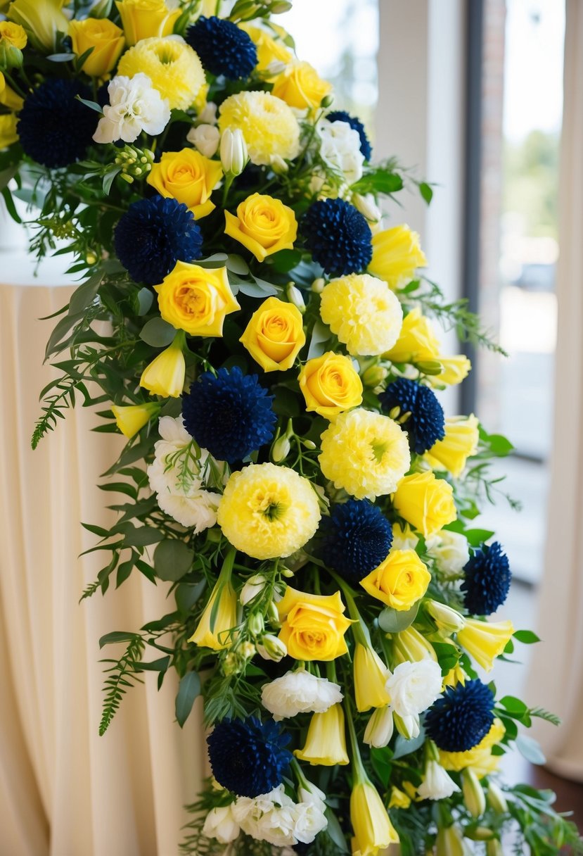 A vibrant bouquet of lemon and navy lisianthus arranged in a cascading design, with delicate greenery and accents of white blooms