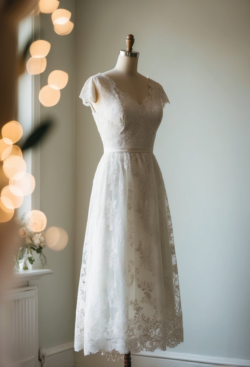 A 1950s lace wedding dress hangs on a vintage mannequin in a softly lit room