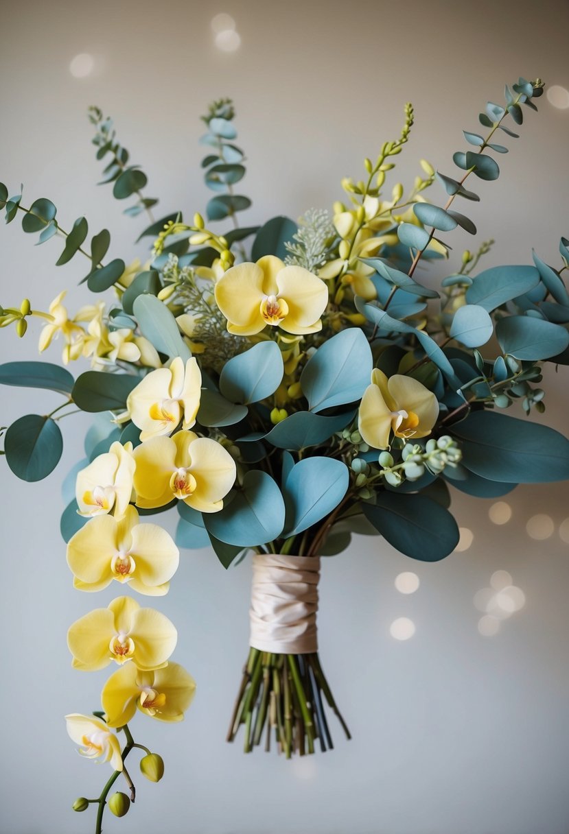 A delicate bouquet of pale blue eucalyptus and vibrant yellow orchids arranged in a cascading design