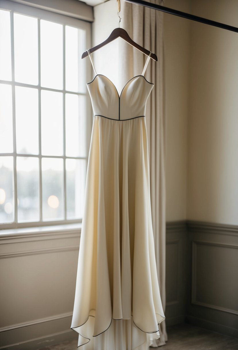 An elegant silk crepe gown with a scalloped edge hangs on a vintage dress form, surrounded by soft natural light