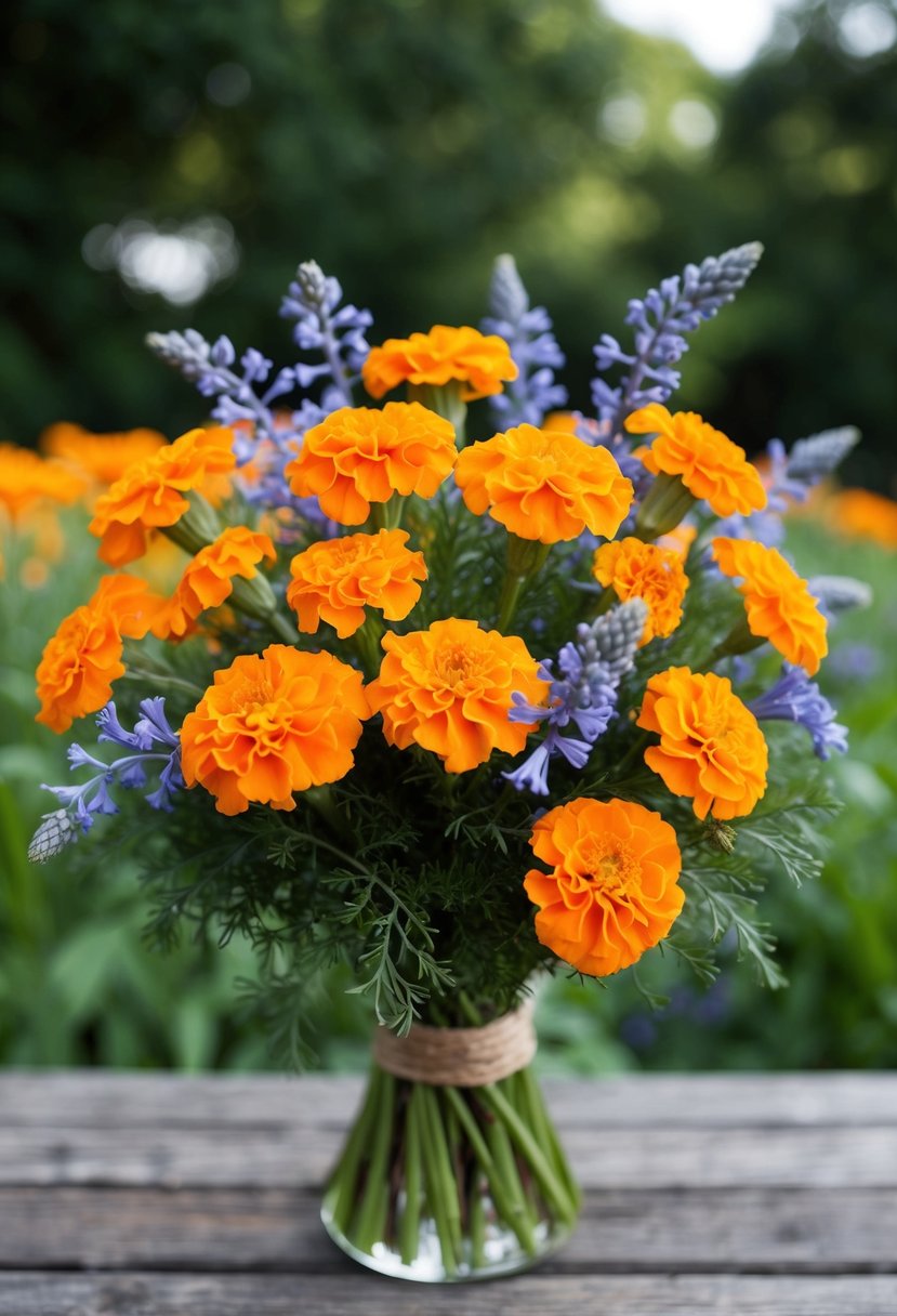 A vibrant bouquet of sunny marigolds with delicate bluebell accents