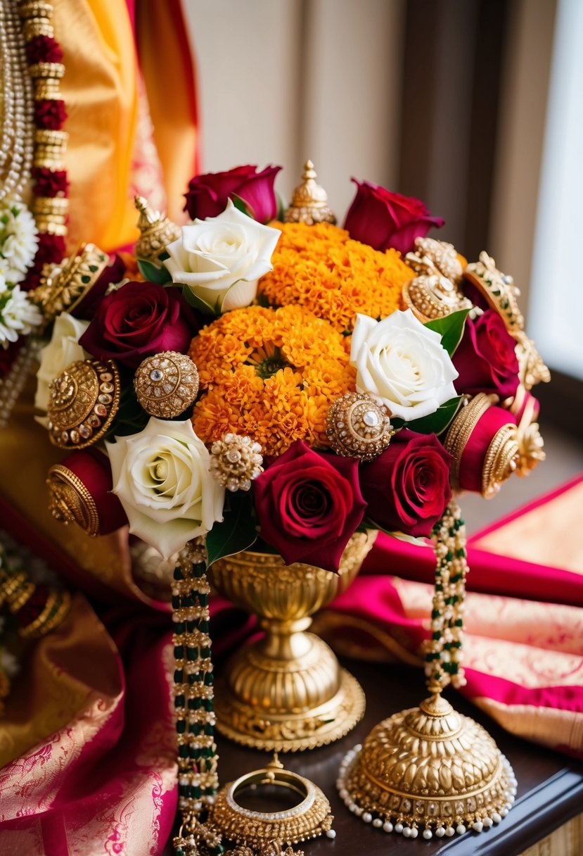 An ornate gold and red bridal bouquet with jasmine, marigold, and roses, accented with traditional Indian jewelry and fabric