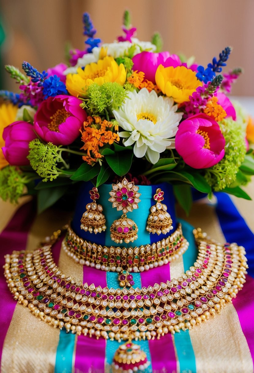 A vibrant floral jewelry set adorns a traditional Indian wedding bouquet, featuring intricate designs and colorful blossoms