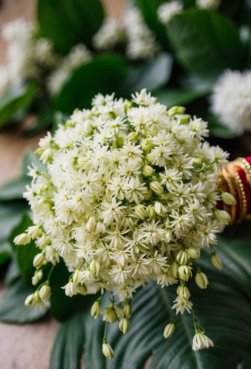 A cluster of fragrant jasmine gajras arranged in a traditional Indian wedding bouquet