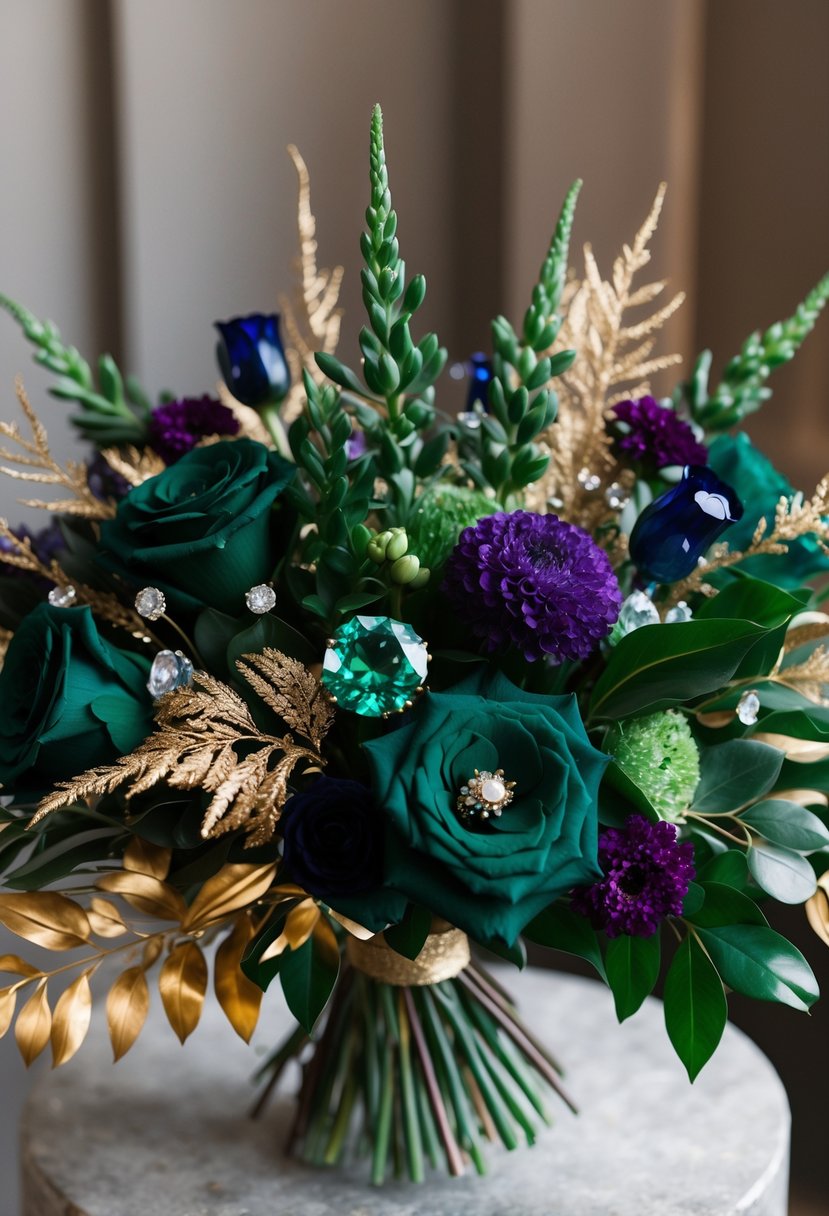 A lush bouquet of deep emerald, sapphire, and amethyst flowers, accented with rich gold foliage and sparkling gemstone details