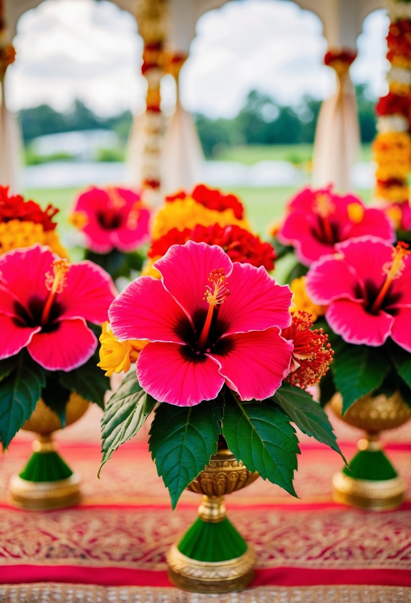 Vibrant hibiscus bouquets arranged in a traditional Indian wedding setting