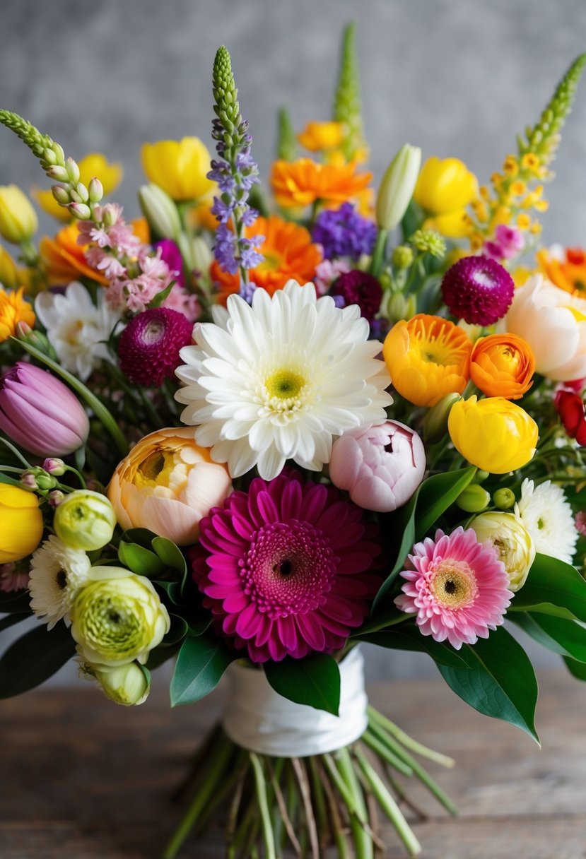 A colorful array of fresh flowers in a variety of sizes and shapes, arranged in a delicate and elegant bouquet for a spring wedding