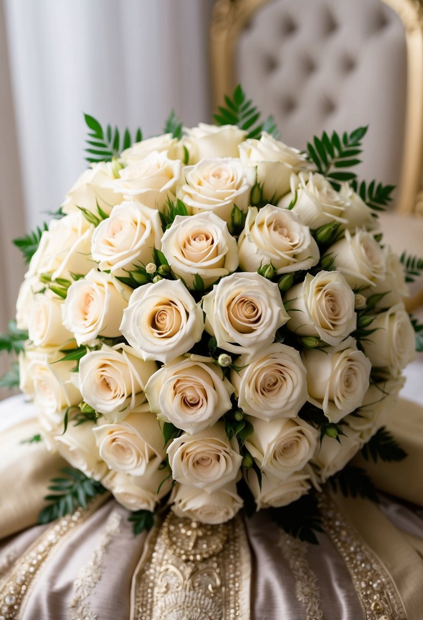 A beautiful bouquet of cream roses arranged in an elegant and intricate design, perfect for an Indian bride's wedding