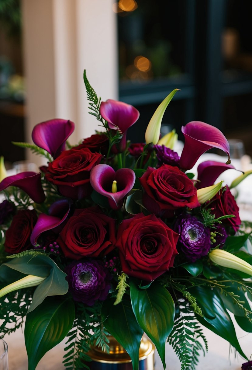 A lush bouquet of deep red roses and purple calla lilies, accented with rich greenery, creates a stunning jewel-toned wedding centerpiece