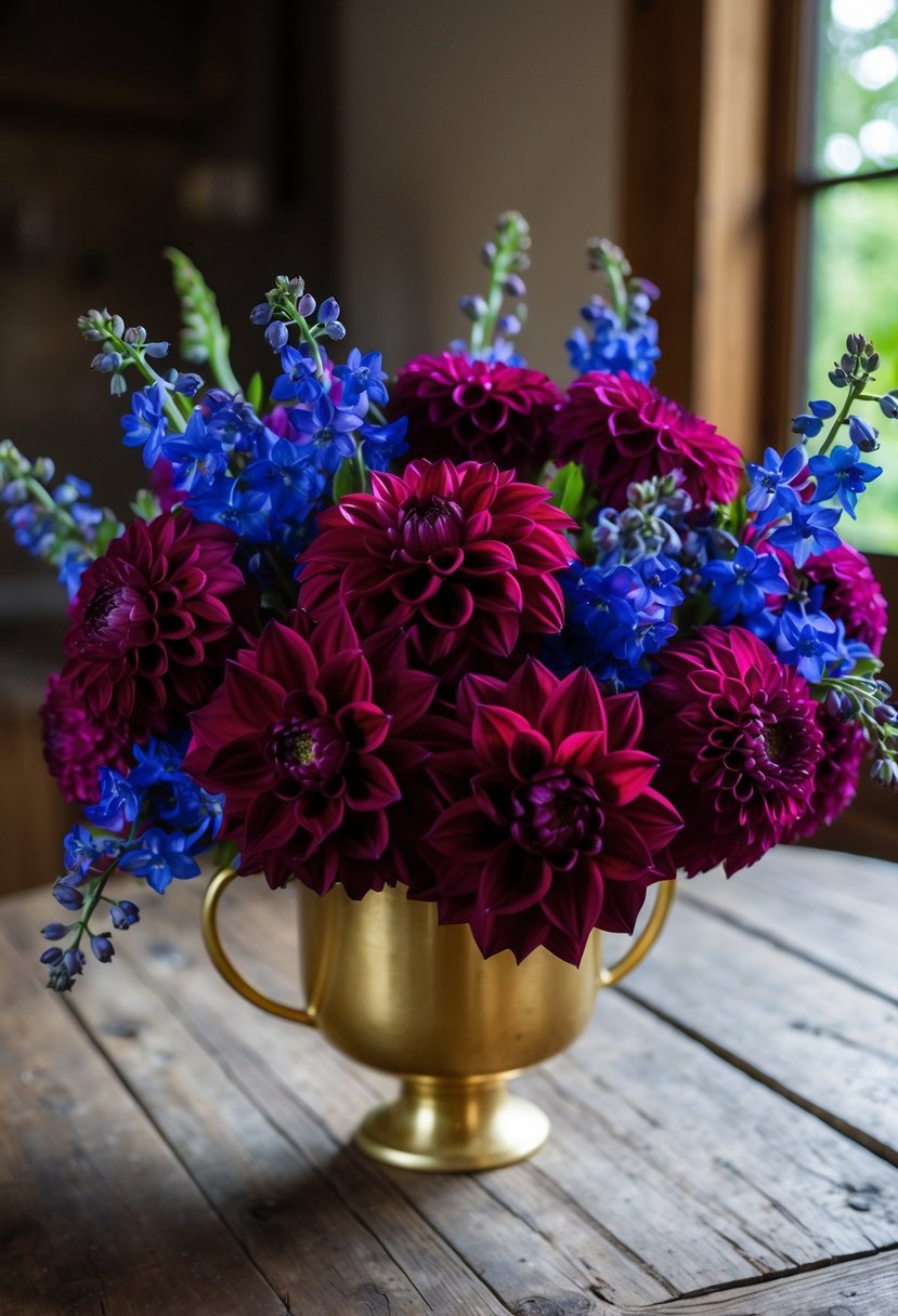 A lush bouquet of burgundy dahlias and sapphire delphiniums in a gold vase on a rustic wooden table