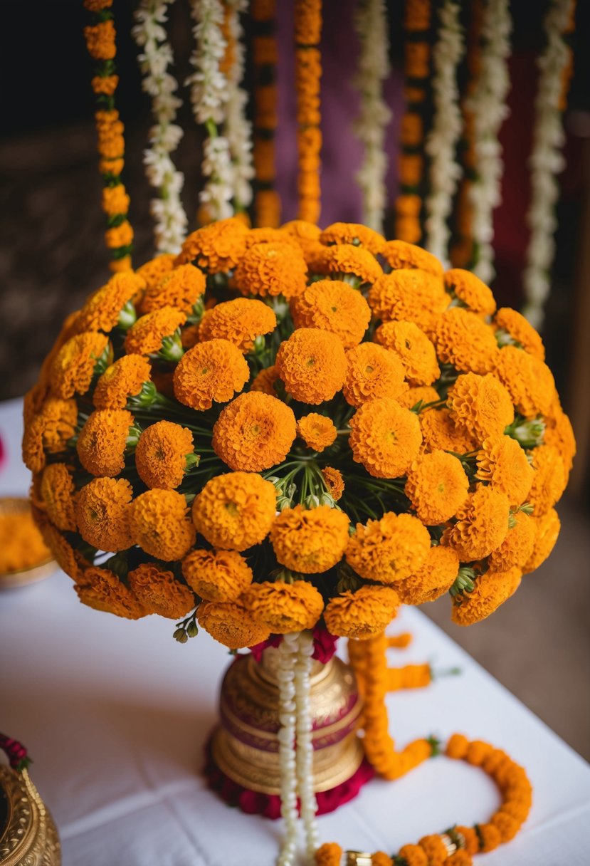 A vibrant bouquet of marigold strings arranged in a decorative and elegant manner for an Indian bride's wedding