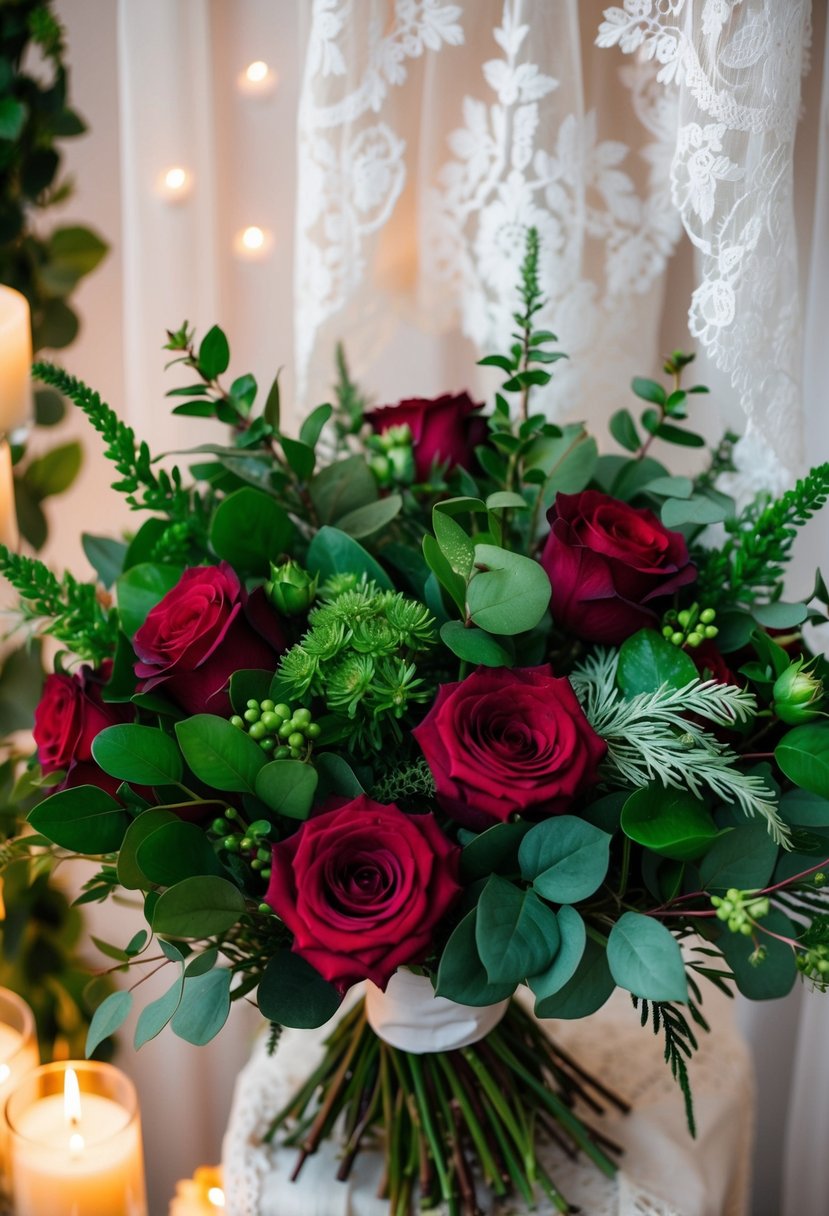 A lush bouquet of emerald greenery and ruby roses, set against a backdrop of soft candlelight and delicate lace