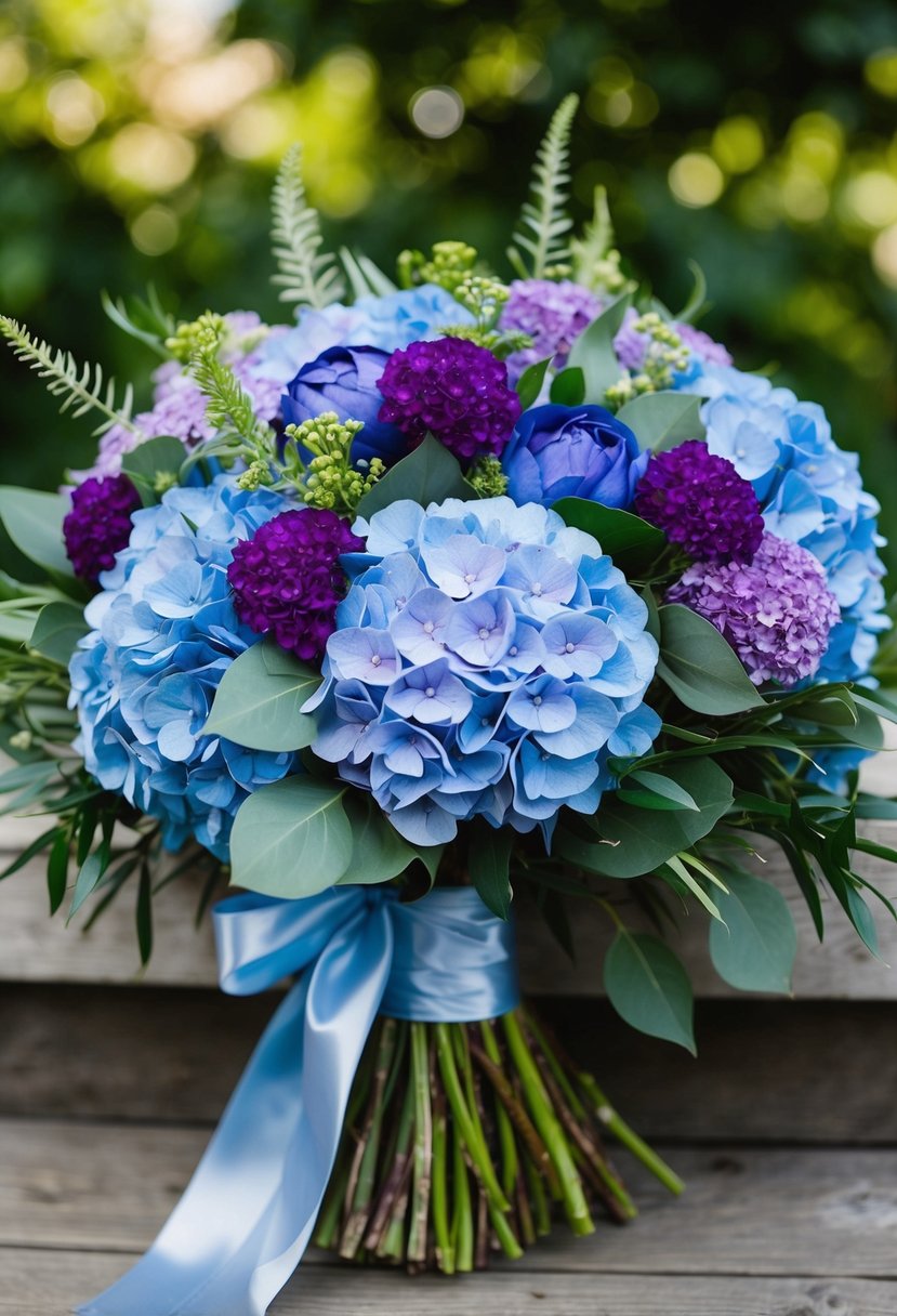 A lush bouquet of sapphire blue hydrangeas and amethyst lisianthus, accented with greenery and tied with a satin ribbon