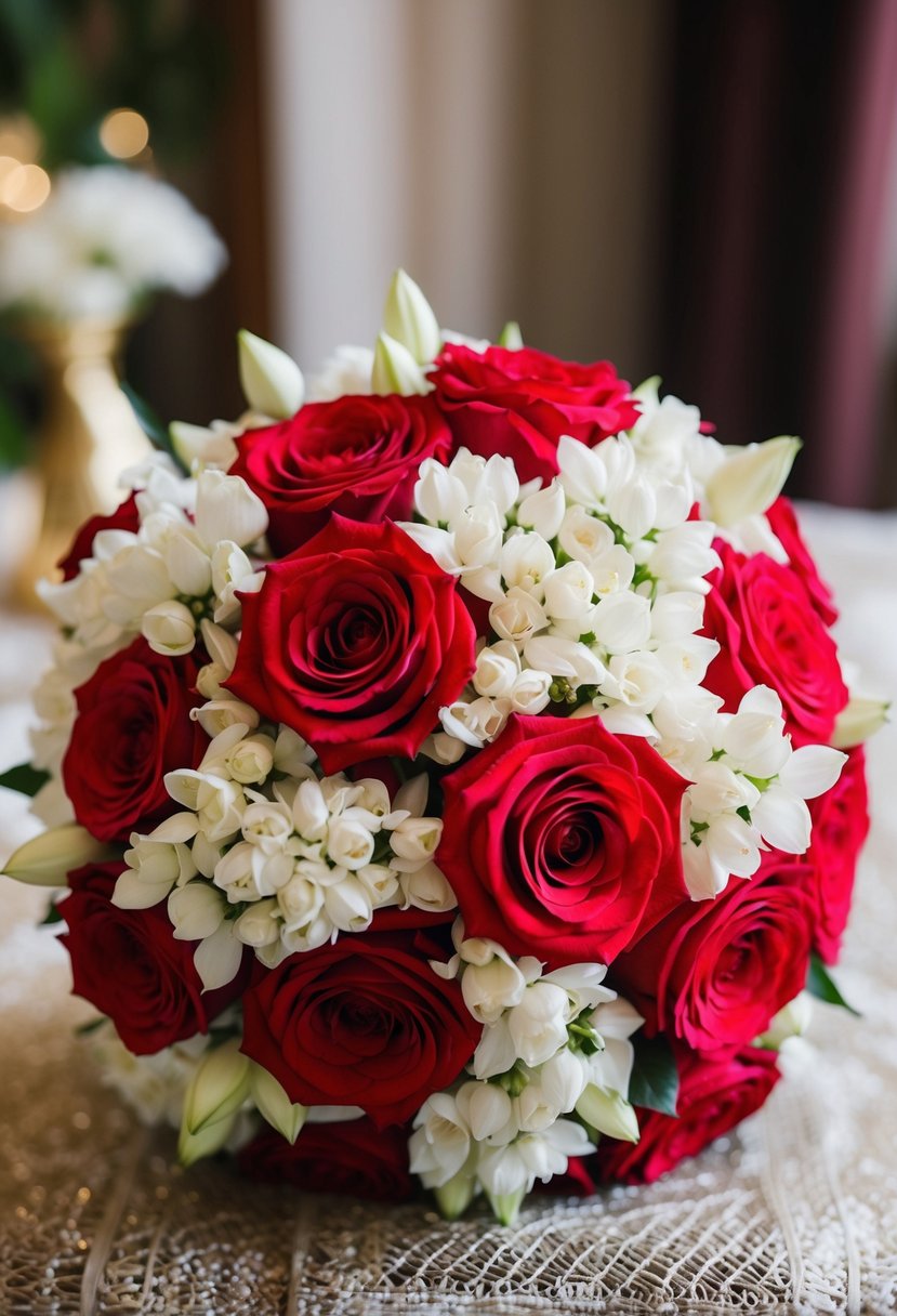 A vibrant bouquet of red roses and white jasmine, intricately woven together, exudes a fragrant and elegant Indian wedding vibe