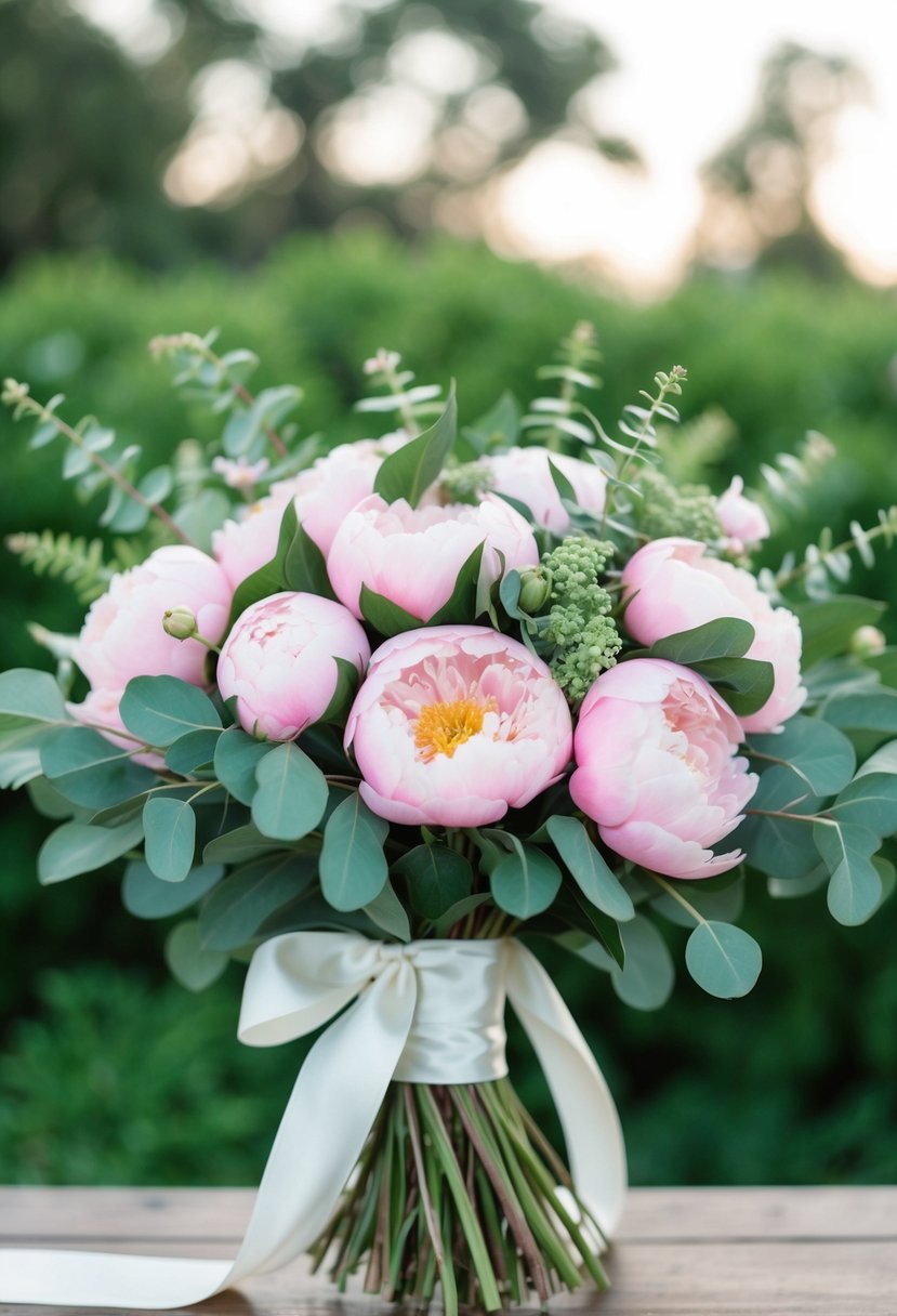 A lush bouquet of pink peonies and green eucalyptus, tied with a flowing ribbon