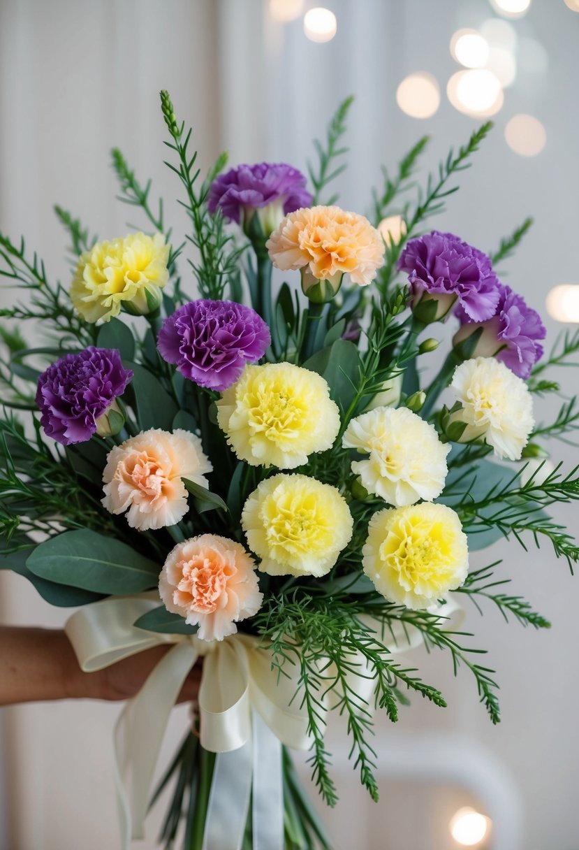 A bouquet of single-color carnation clusters arranged in a cascading style, with delicate greenery and ribbon accents