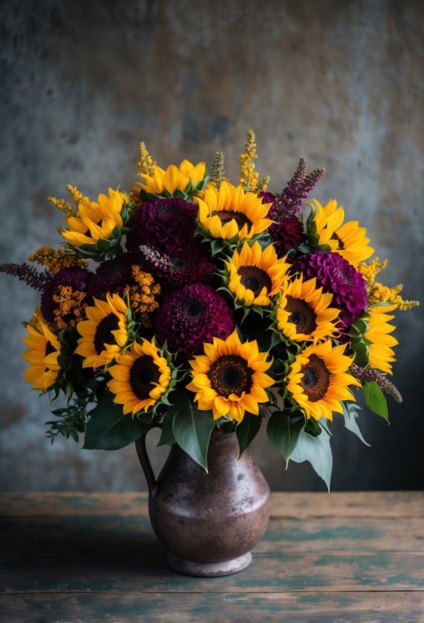 A lush bouquet of rich plum and golden sunflowers, accented with deep jewel tones, arranged in a rustic vase on a weathered wooden table