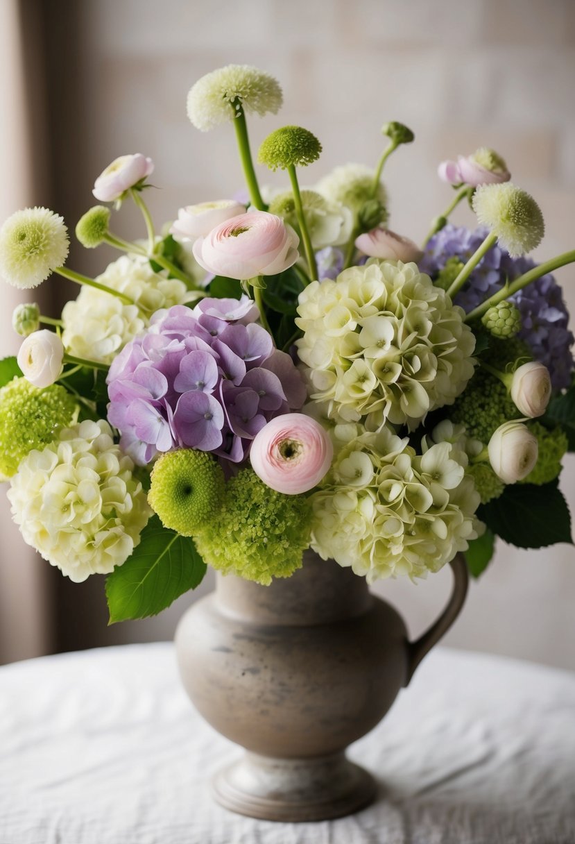 A lush bouquet of hydrangeas and ranunculus in soft pastel colors, arranged in a rustic, elegant vase