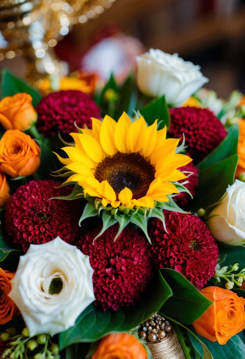 A vibrant sunflower boutonniere nestled among traditional Indian wedding bouquet elements