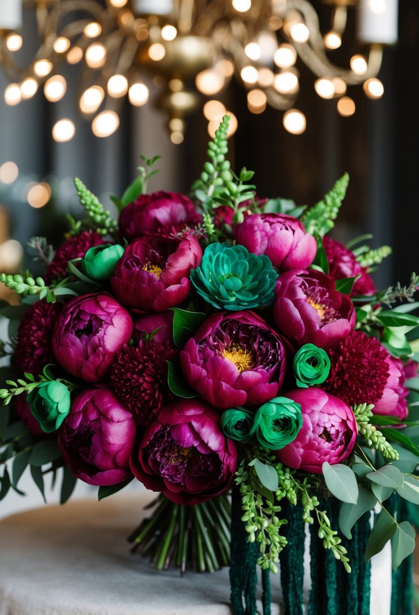 A lush bouquet of Marsala peonies and emerald accents, arranged in a cascading style with rich jewel tones