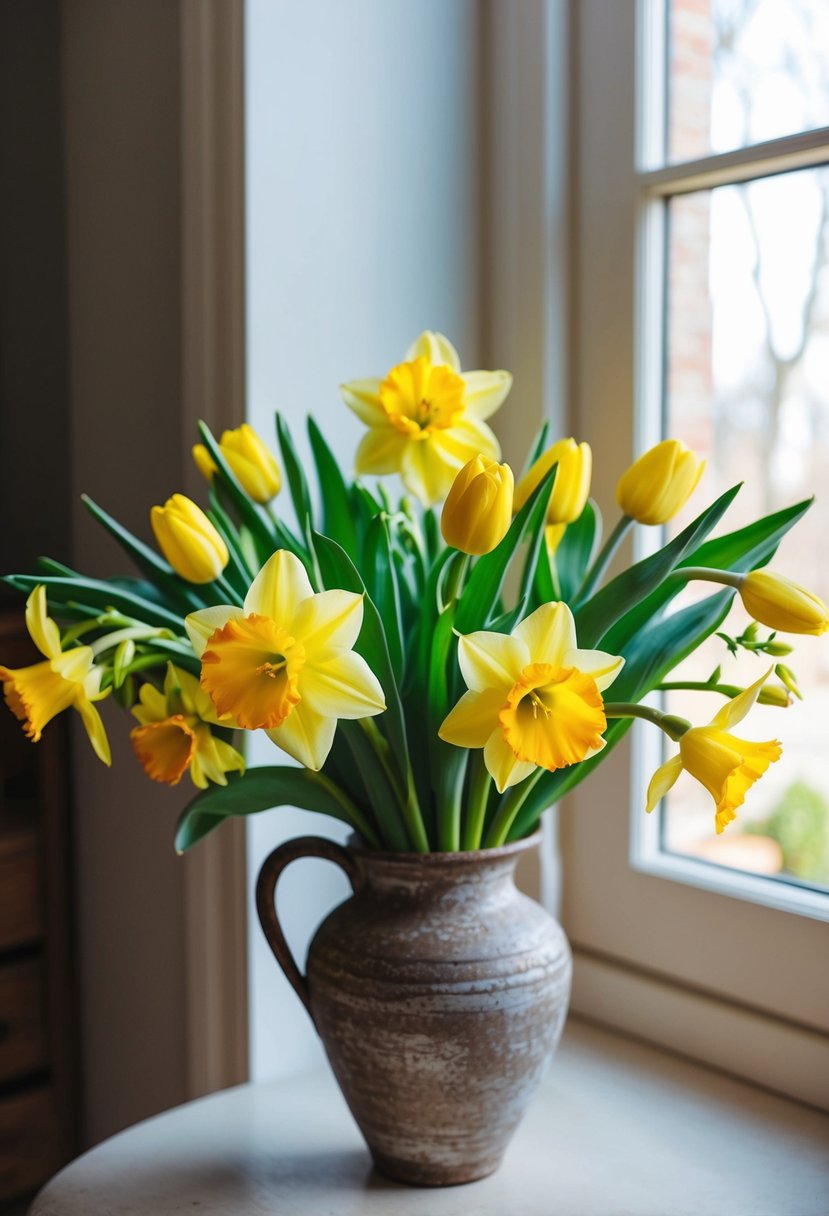 A vibrant bouquet of tulips and daffodils arranged in a rustic vase, with soft natural light streaming in from a nearby window