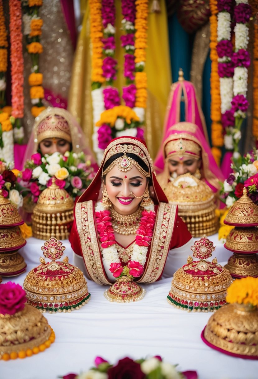 A vibrant array of intricate floral maang tikkas and wedding bouquets, inspired by Indian bridal traditions