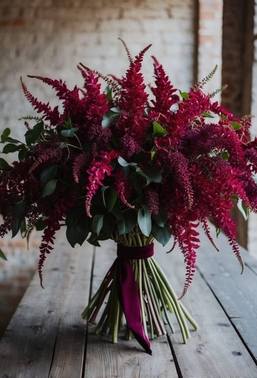 A lush bouquet of burgundy Amaranthus, accented with velvety jewel tones, sits atop a rustic wooden table