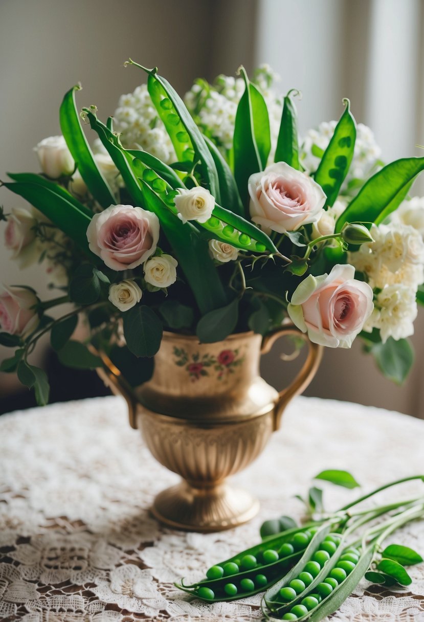 A lush bouquet of sweet peas and roses, nestled in a vintage vase on a lace-covered table, bathed in soft, natural light