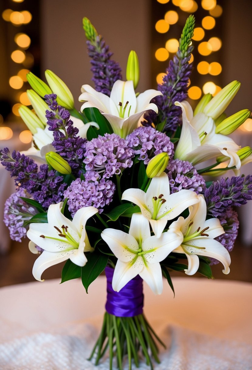 A bouquet of lavender and white lilies arranged in an ornate Indian wedding style