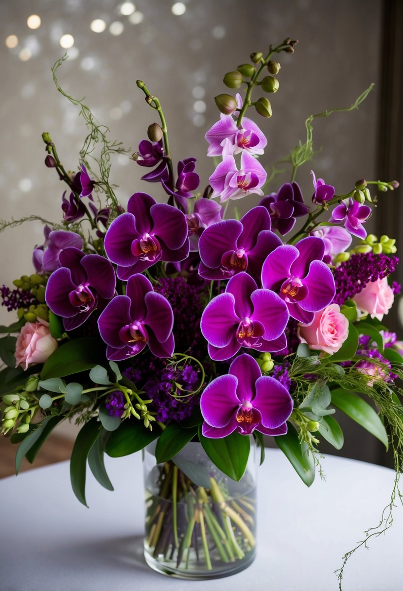 A lush bouquet of amethyst orchids, deep purples and vibrant pinks, accented with rich greenery and delicate tendrils