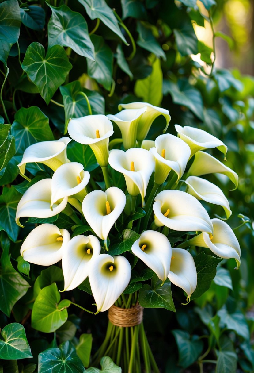 A lush bouquet of white Calla Lilies intertwined with green Ivy leaves