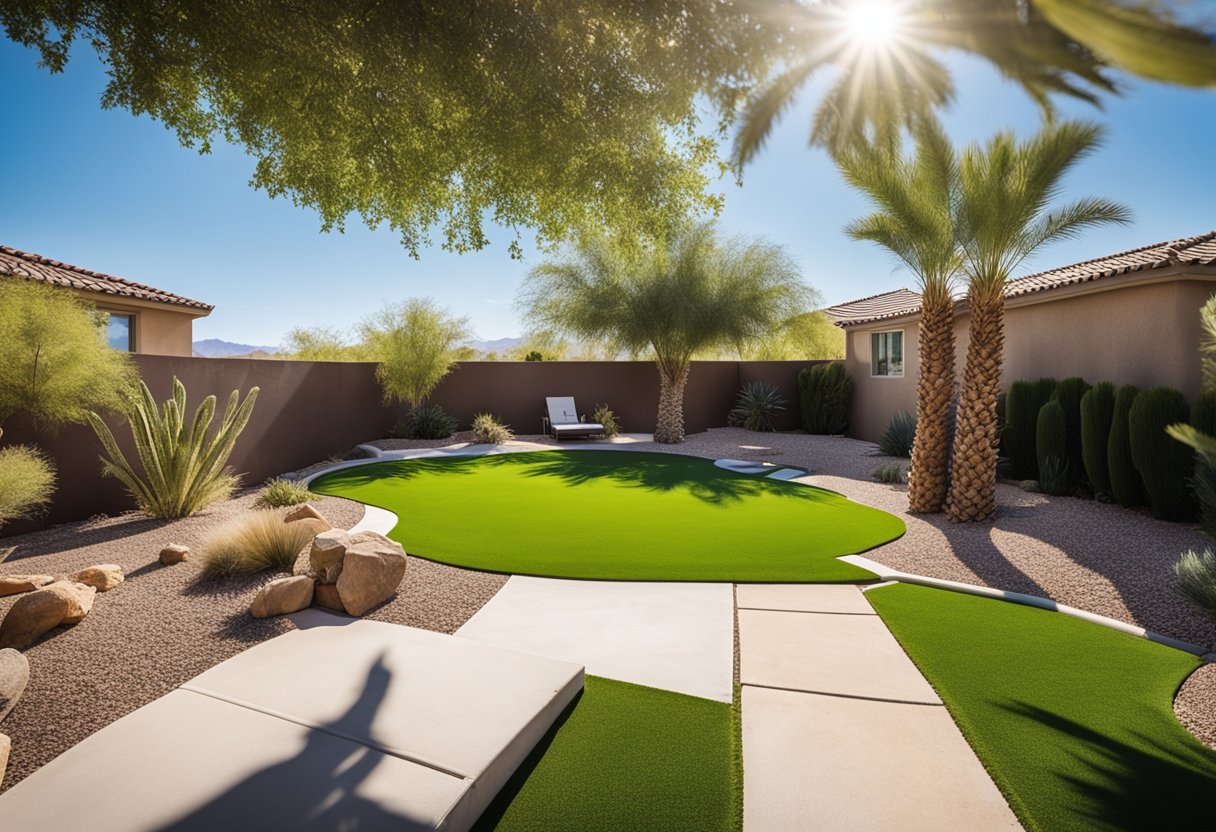 A sunny Las Vegas backyard with a neatly trimmed artificial grass lawn, surrounded by desert landscaping and a clear blue sky