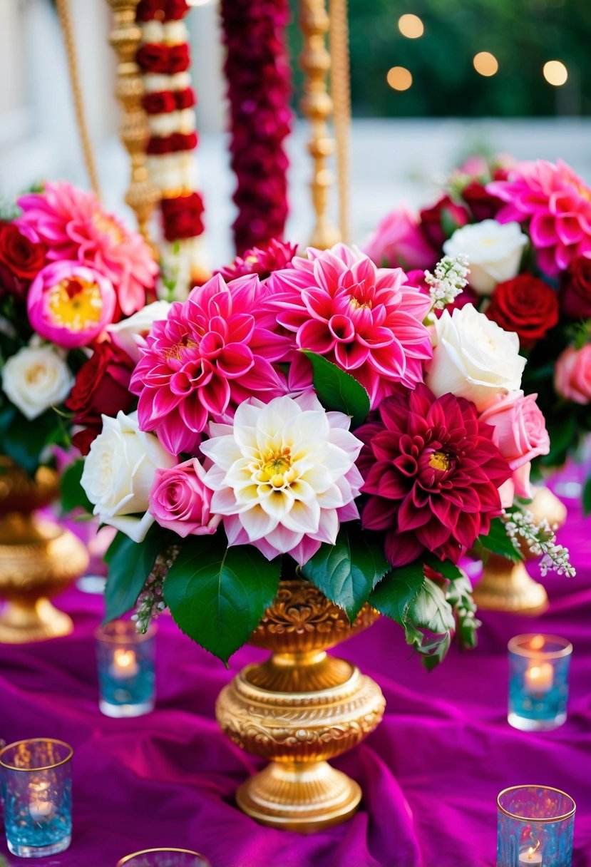 Vibrant dahlia and rose bouquets arranged in ornate Indian wedding style