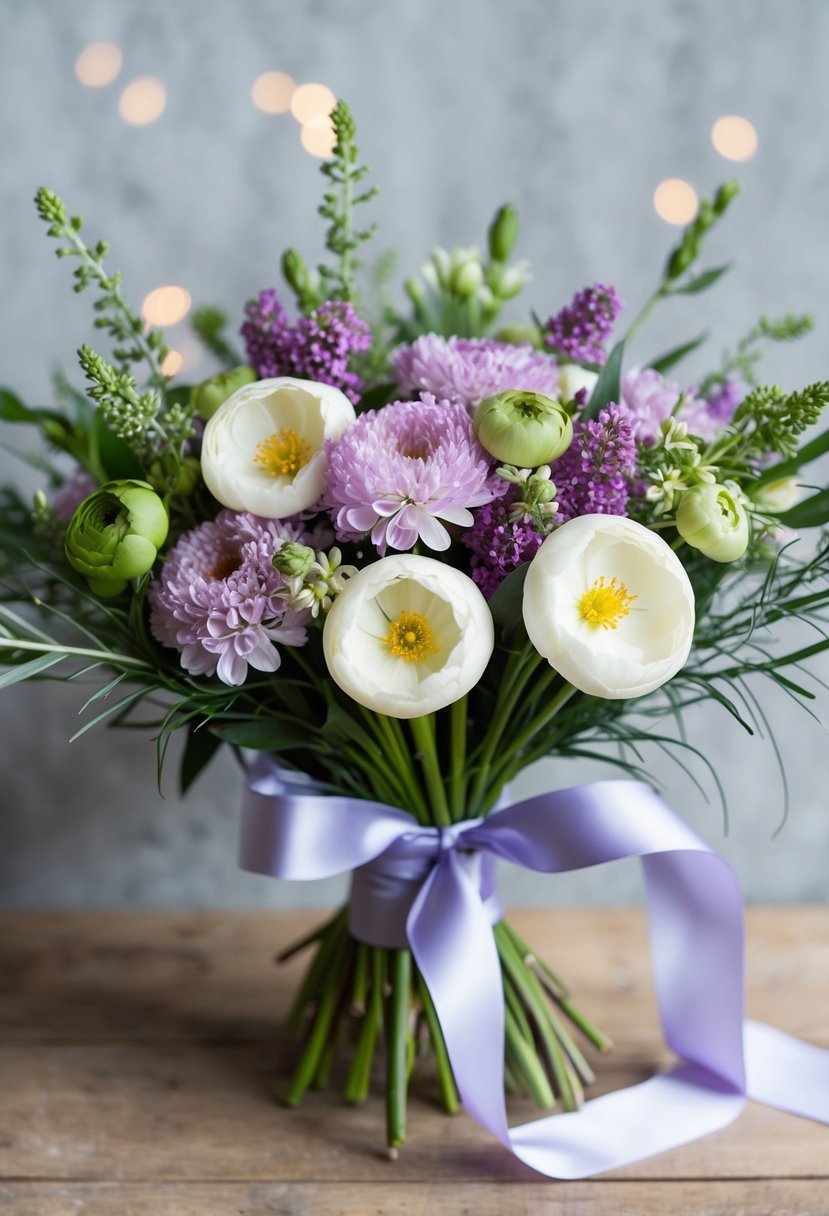 A vibrant spring bouquet featuring ranunculus and lilac blooms, accented with delicate greenery and tied with a flowing ribbon