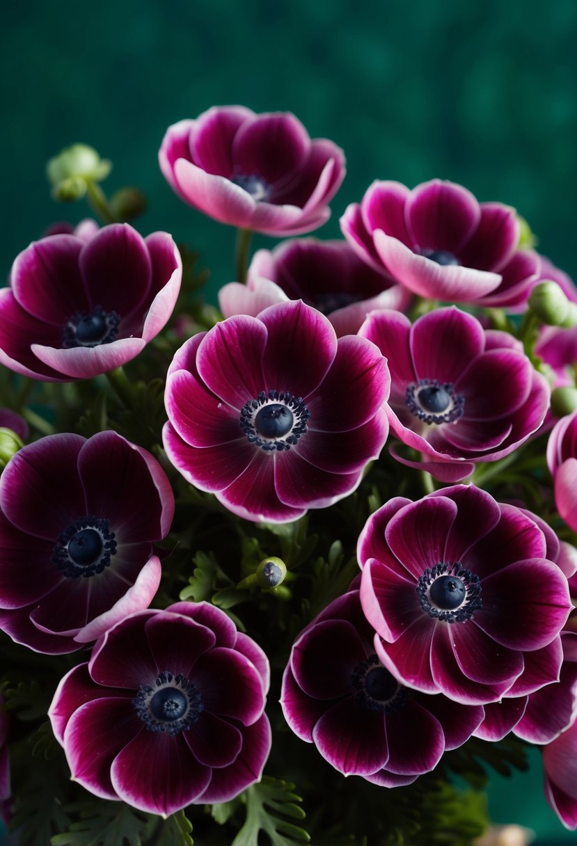 A lush bouquet of garnet anemones with fuchsia highlights, set against a deep green background