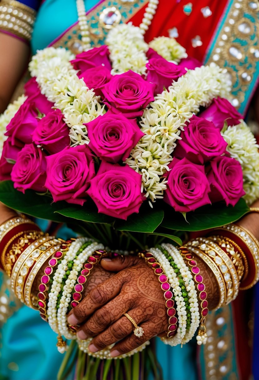 A vibrant bouquet of jasmine and tube rose bracelets, exuding the essence of an Indian bride's wedding day