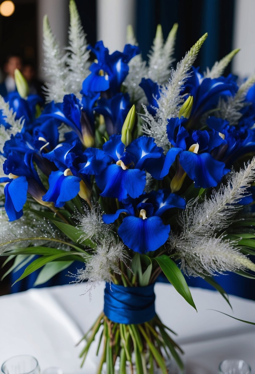 A bouquet of midnight blue irises and silver dusty miller, arranged in a jewel-toned wedding theme