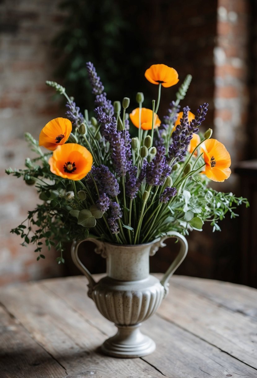 A lush bouquet of lavender and poppies, accented with delicate greenery, sits in a vintage vase on a rustic wooden table