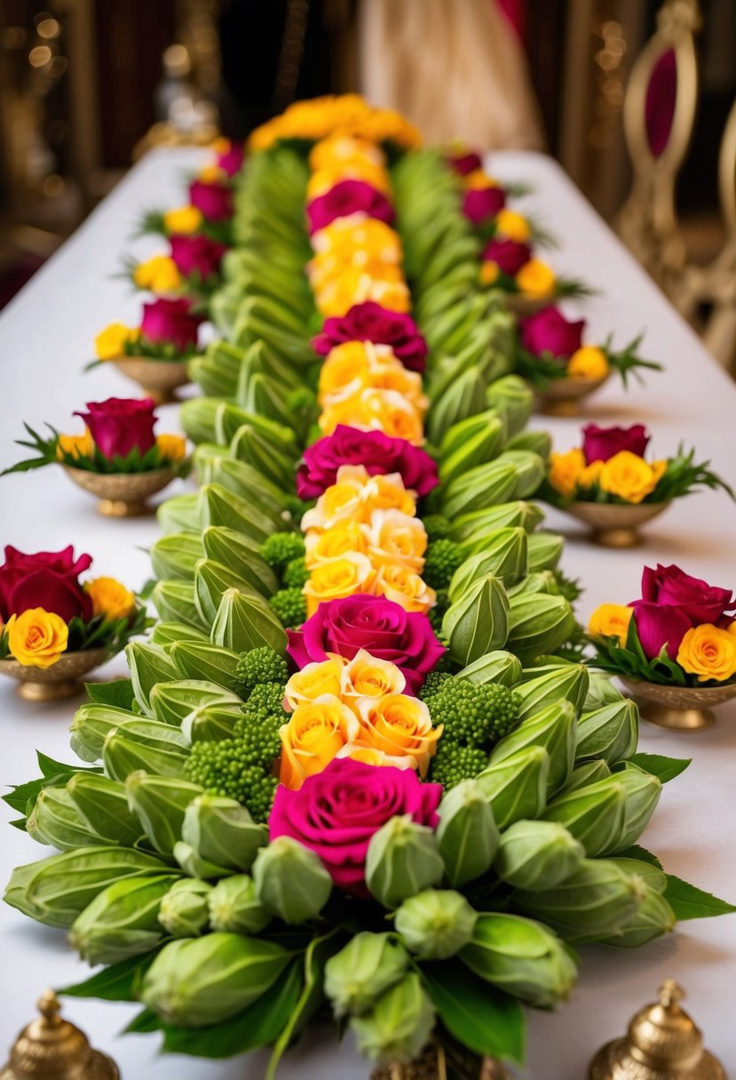 A colorful garland of fresh tulsi and rose flowers arranged in an intricate and elegant design, perfect for an Indian bride's wedding bouquet