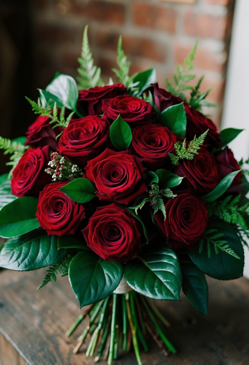 A lush bouquet of deep red velvet roses and rich moss green leaves, with jewel tones, arranged in an elegant wedding bouquet